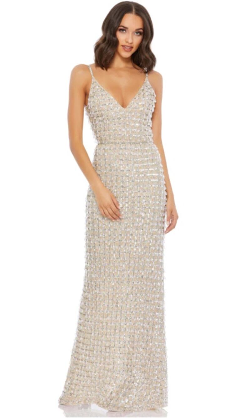 Mac Duggal 2 nude silver Geometric Embellished Crystal Drop V-neck gown dress